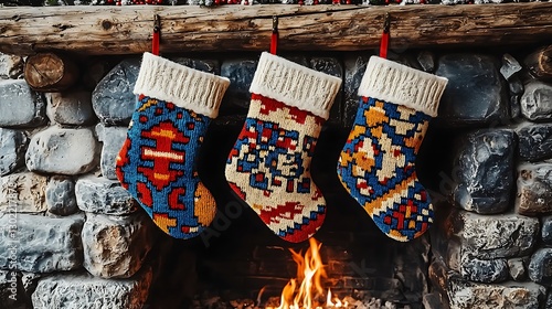 Festive stockings hang by fireplace