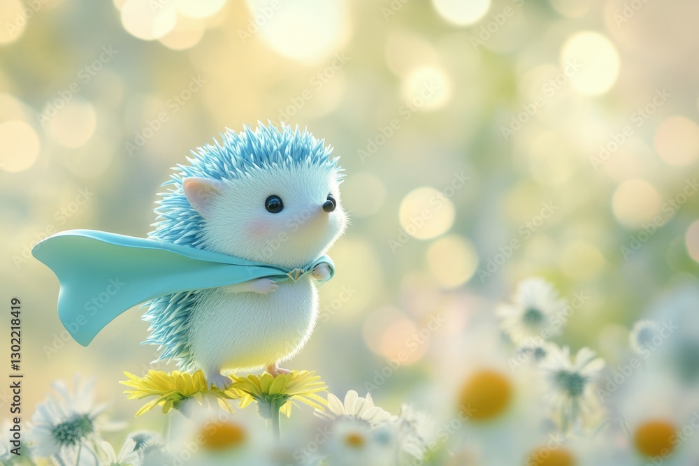 Obraz premium Adorable blue hedgehog wearing a cape stands on flowers in a sunny meadow.