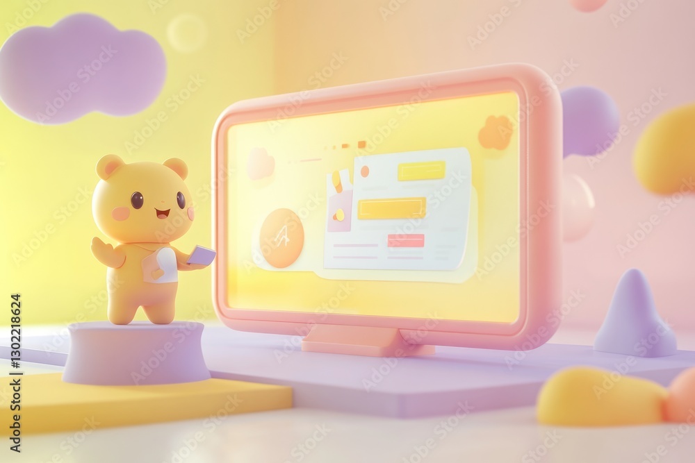 A cute yellow bear presents a webpage design on a pastel-colored computer screen. A cute yellow bear presents a webpage design on a pastel-colored computer screen.