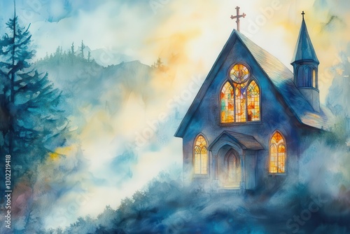 Wallpaper Mural ethereal watercolor painting of a mountain chapel with stained glass windows casting prismatic light beams through morning mist, spiritual atmosphere with subtle cross motif Torontodigital.ca
