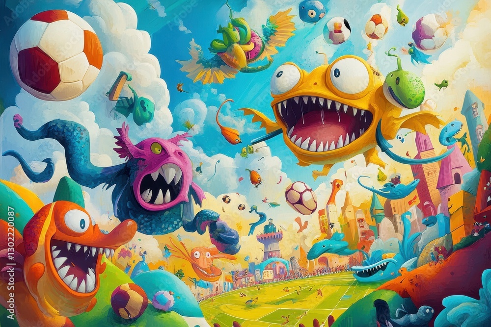 Fantasy creatures playing soccer with balls in a sunny sky Fantasy creatures playing soccer with balls in a sunny sky