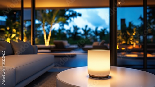 Cozy indoor living space with warm lamp glow and modern decor