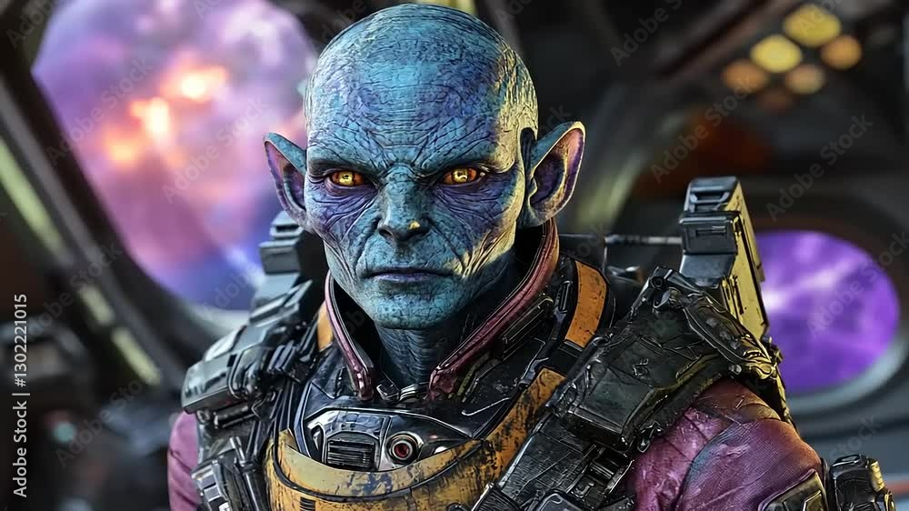 A blue-skinned alien character in a futuristic suit stands inside a spacecraft with colorful lights A blue-skinned alien character in a futuristic suit stands inside a spacecraft with colorful lights