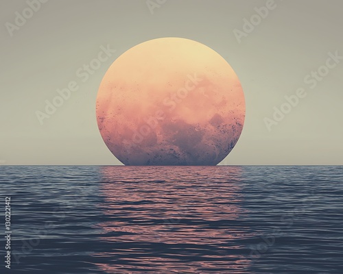 Pink planet rising over calm ocean