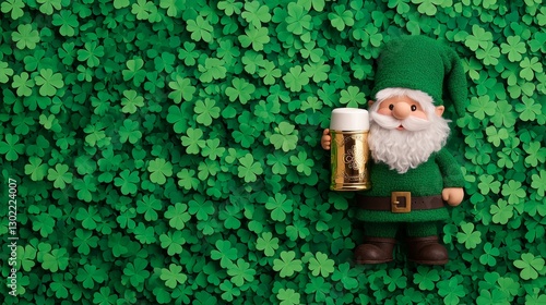 A festive gnome in green attire holds a beer mug, surrounded by vibrant green clovers, capturing the spirit of celebration and St. Patrick's Day.