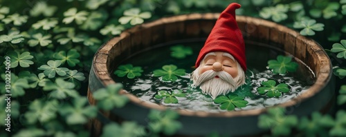 A whimsical garden scene featuring a gnome floating in a barrel filled with water and surrounded by lush green clovers.