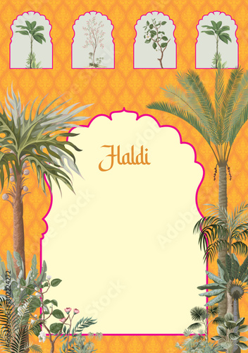 Traditional Mughal wedding card design, Haldi invitation card, Mughal wedding card, Mughal frame Design,Mehendi , tree, Water colort background,