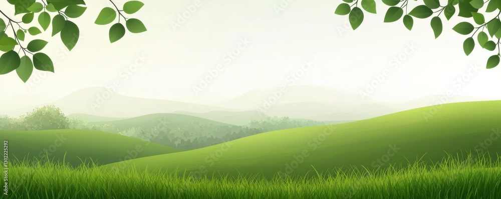 Fototapeta premium Captivating green landscape with rolling hills a serene meadow and a touch of misty atmosphere creating a tranquil and picturesque natural setting