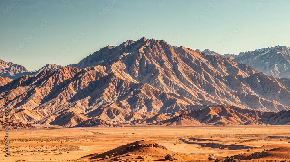 Naklejka premium Desert mountain landscape, strong hard light, harsh shadows, epic scale, heroic elements, realistic.