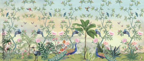 chinoiserie wallpapers, Peacock, Birds, Watercolor background.