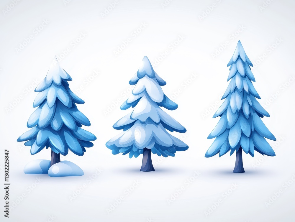 Obraz premium Three stylized snow-covered pine trees on a winter landscape background