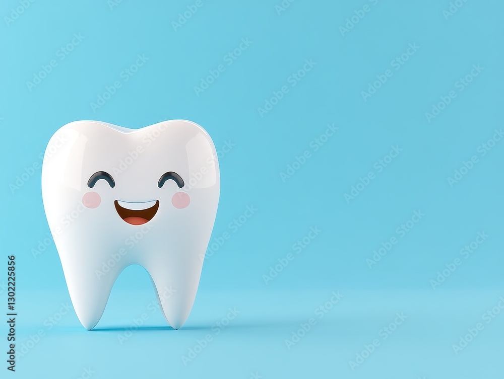 Cheerful cartoon tooth character smiling against a bright blue background Cheerful cartoon tooth character smiling against a bright blue background