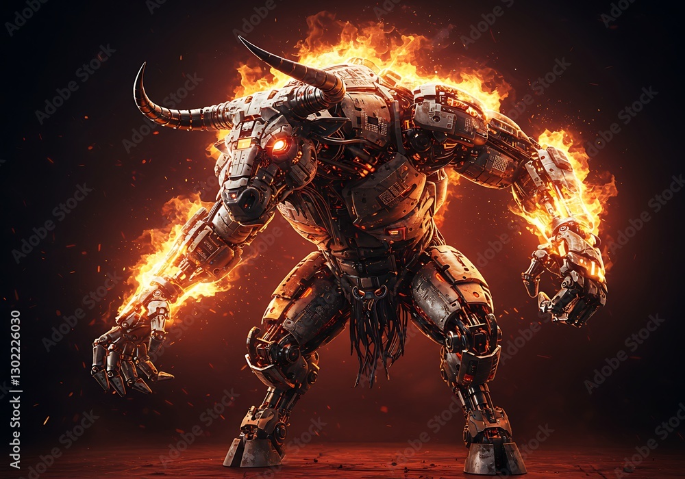 Mechanical Minotaur Walking with Fire Around Body in Dark Environment Mechanical Minotaur Walking with Fire Around Body in Dark Environment