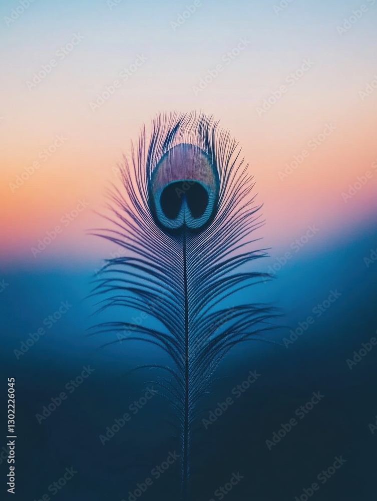 Obraz premium Close-up view of a single vibrant peacock feather against a soft gradient background during dusk hours