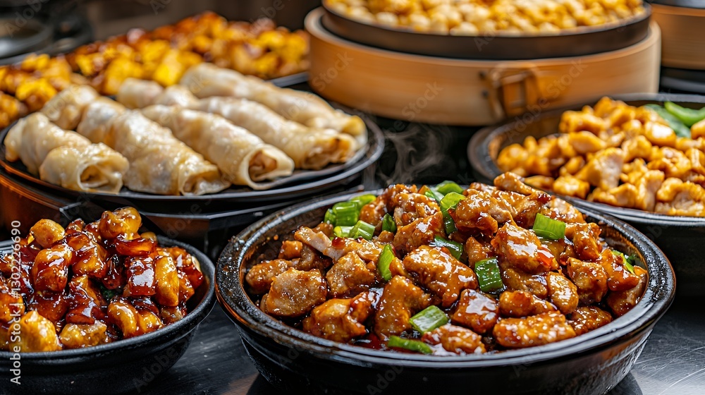 Delicious Asian Cuisine Featuring Sweet and Sour Pork Spring Rolls and Steamed Dumplings Delicious Asian Cuisine Featuring Sweet and Sour Pork Spring Rolls and Steamed Dumplings