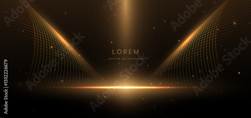 Abstract elegant gold glowing wave line with lighting effect sparkle on black background.