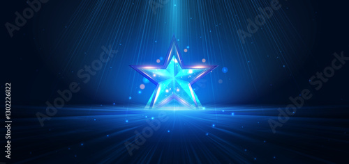 Scene elegant blue star light lines on dark background with lighting effect and sparkle. Celebration award ceremonies, celebrations concept.