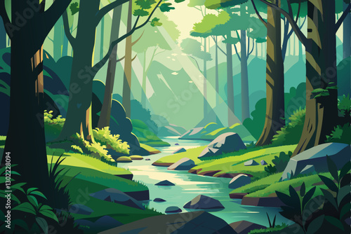 Misty Morning Forest with Evergreen Trees and Serene Pathway landscape vector illustration. The forest floor is covered in moss and small wildflowers, with a winding dirt path cutting through. 