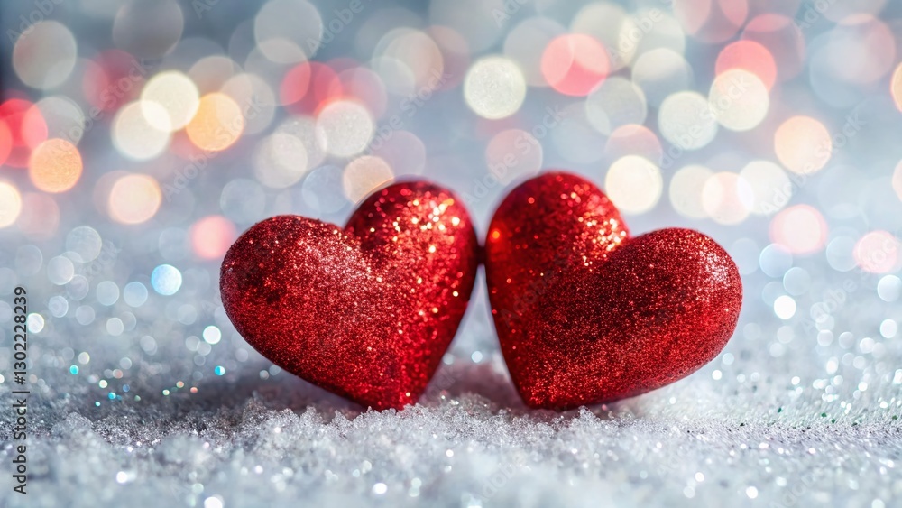 Fototapeta premium Sparkling Red Glitter Hearts on White Glitter Background - Valentine's Day