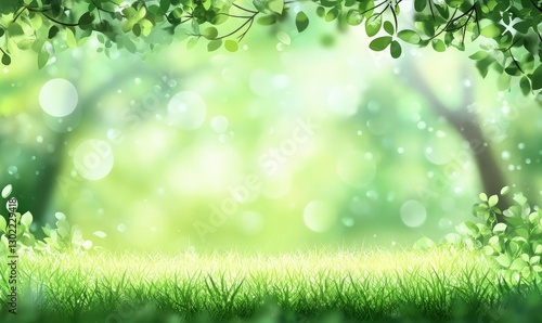 Beautiful blurred background of natural green grass and trees in the park with a bokeh effect. Summer nature landscape. Banner for product presentation on an e-commerce website