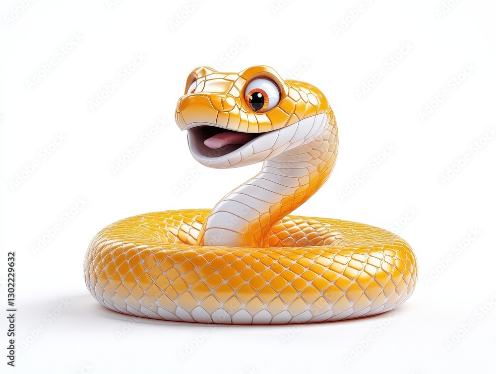 Fototapeta premium Cartoonish yellow snake with a cheerful expression coiled on a white background