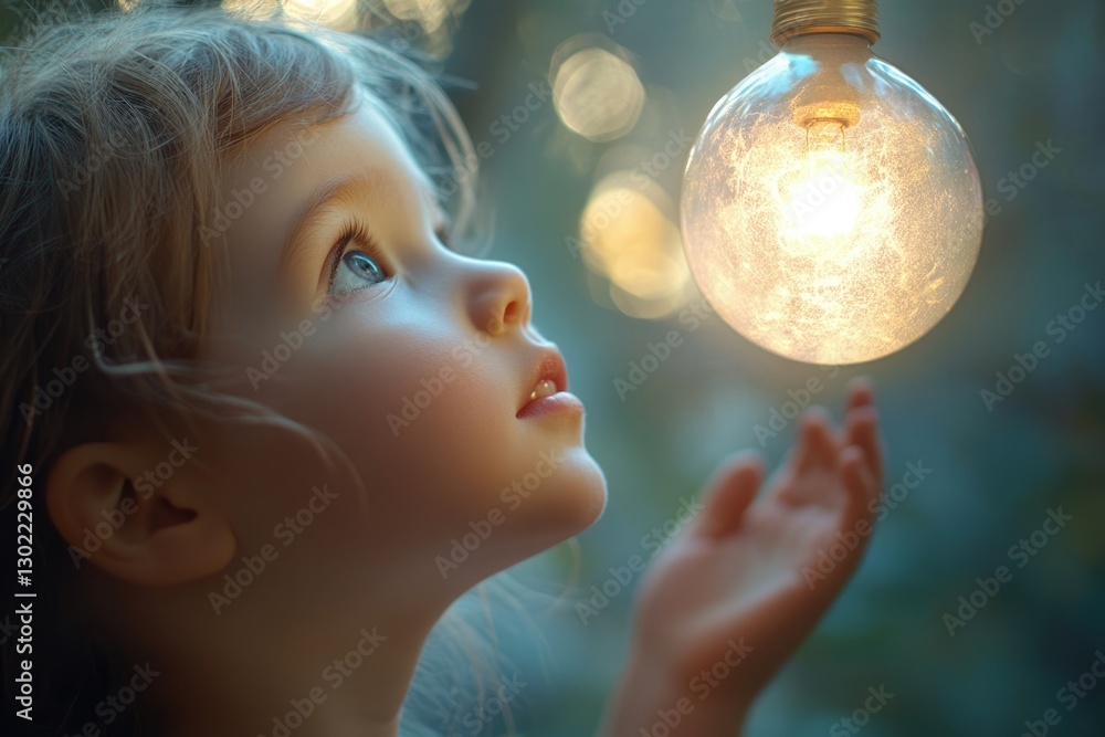 Naklejka premium A curious child gazes in wonder at a glowing light bulb, symbolizing imagination and discovery.