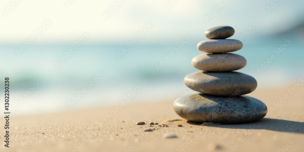 Serene Coastal Stones Stacked on Sandy Beach at Dawn, Representing Tranquility and Balance Serene Coastal Stones Stacked on Sandy Beach at Dawn, Representing Tranquility and Balance