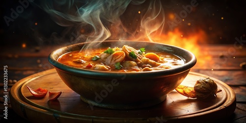Steaming Bowl of Traditional Tripe Soup at Night, Illuminated by Warm Light