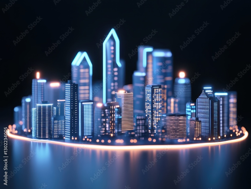 Naklejka premium Futuristic city skyline at night with glowing buildings and vibrant lights