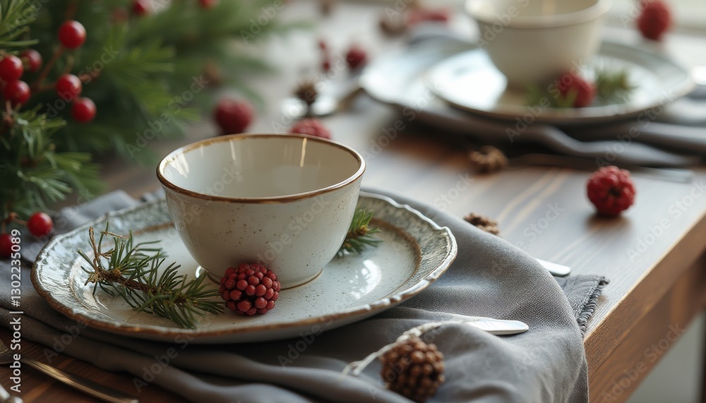 Fototapeta premium Cinematic setting with elegantly arranged table featuring seasonal decor and fine dining elements