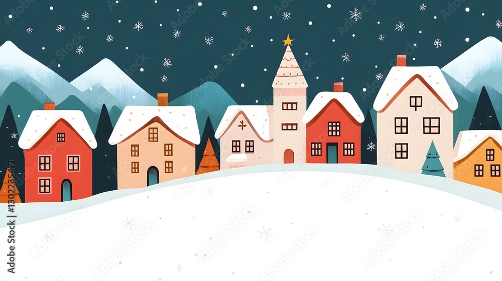 Fototapeta premium Cozy Snowy Village with Festive Holiday Decor and Mountain Landscape
