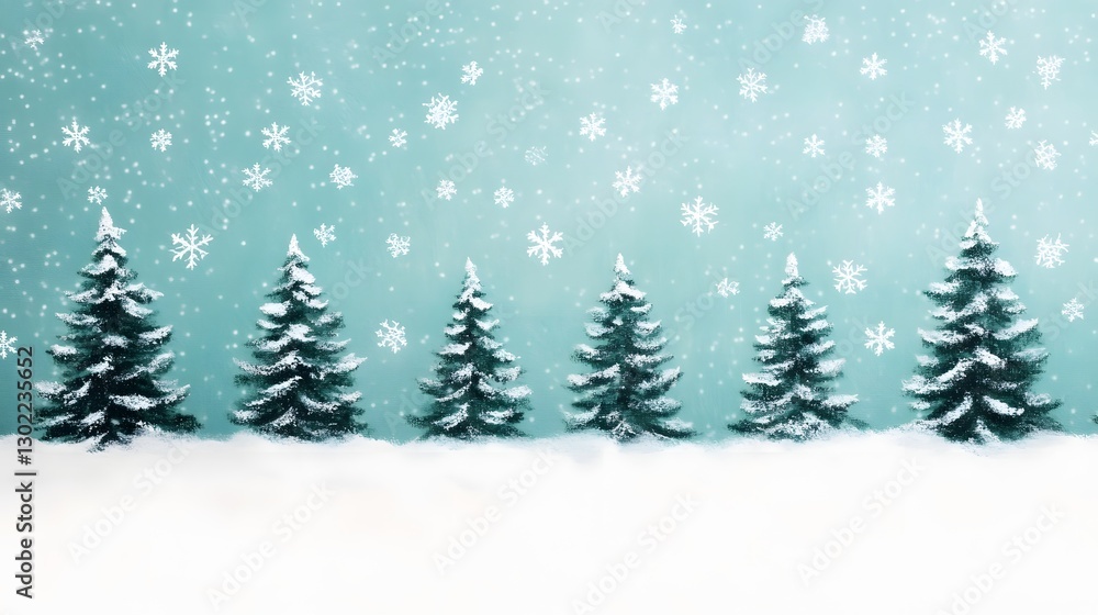 Obraz premium Whimsical Winter Wonderland with Soft Snowflakes and Evergreen Trees