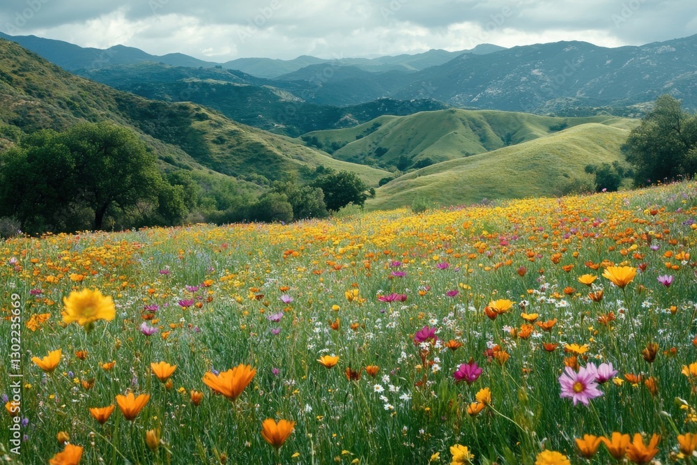 Obraz premium Charming wildflower meadow featuring vibrant blossoms under natural sunlight for peaceful outdoor retreats and tranquility themes