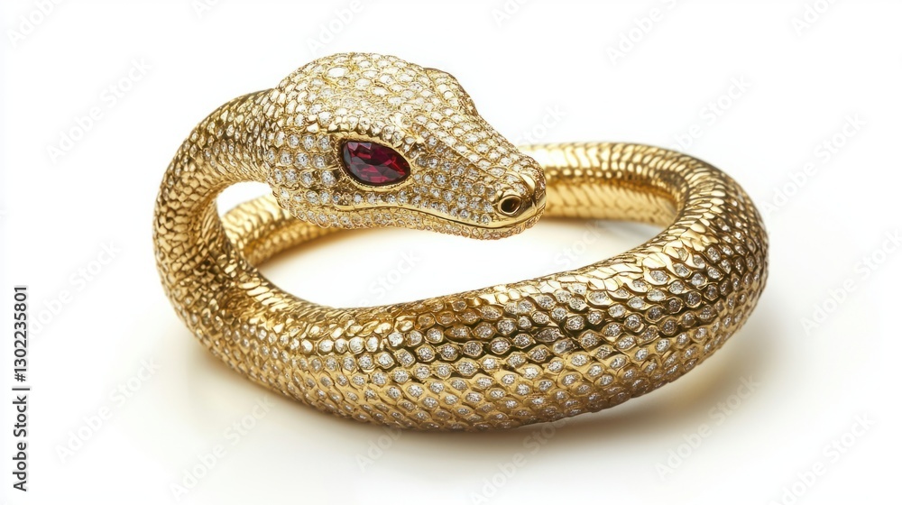 Fototapeta premium Sparkling Gold Snake Cuff Bracelet with Gem Eyes and Detailed Texture