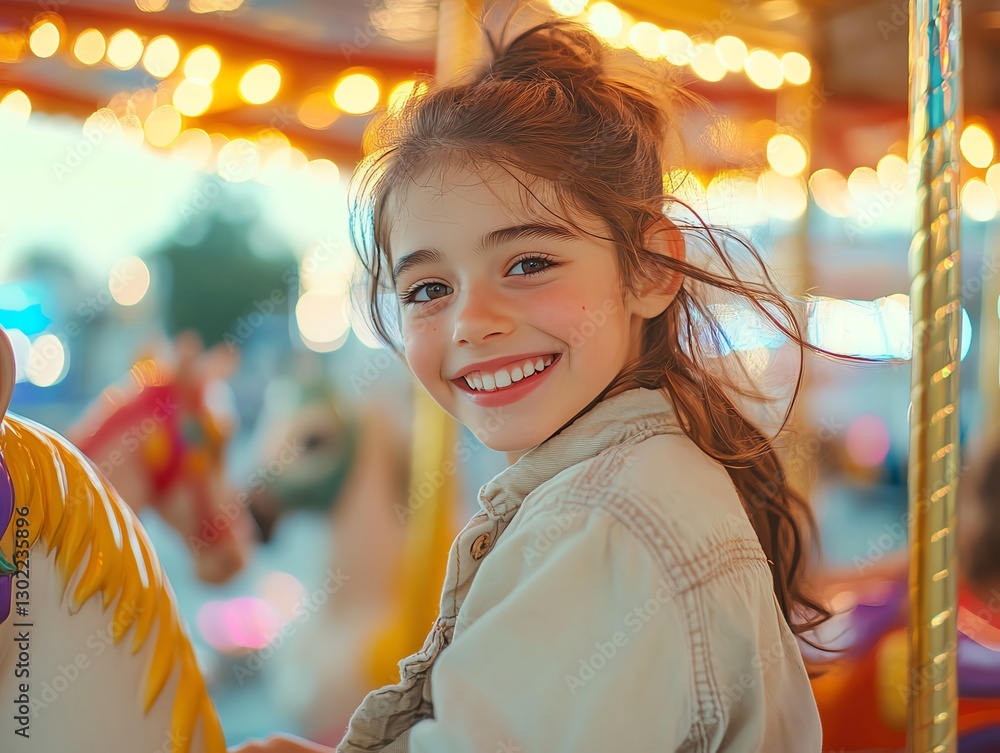 Obraz premium Enchanting carousel horse ride with joyful girl, colorful merrygoround, magical carnival, exciting amusement park fun for children