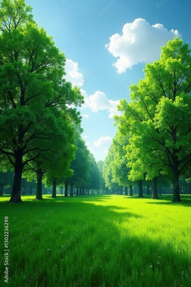 Lush Green Canopy Path Serene Summer Day in a Vibrant Meadow with Sunlight Streaming Through Tall Trees Lush Green Canopy Path Serene Summer Day in a Vibrant Meadow with Sunlight Streaming Through Tall Trees