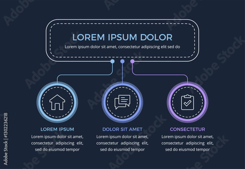 Minimalistic flow chart infographic template with 3 elements, dark background, vector eps10 illustration