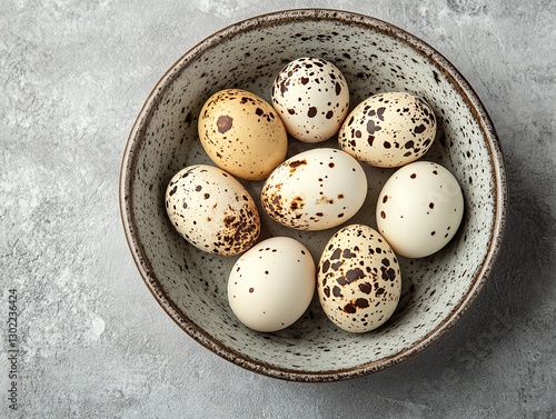 Fresh organic quail eggs from top view, spotted small shells, dietfriendly healthy ingredient for breakfast, raw food with copy space photo