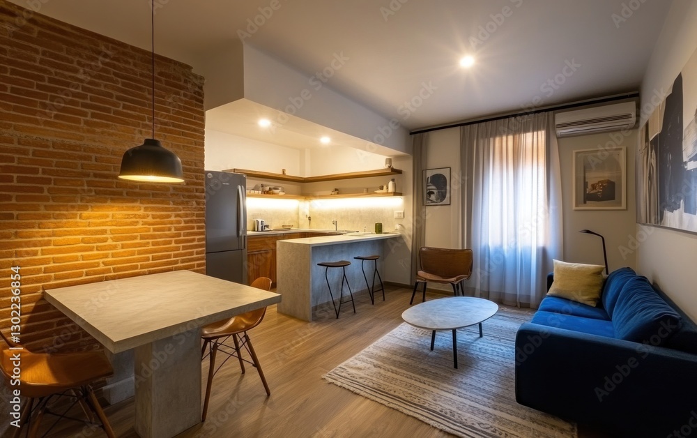 Fototapeta premium Modern apartment interior with open kitchen, living room, and dining area.
