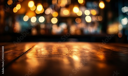 Blurred background of an empty table in a bar at night with bokeh lights. Simple blurred dark brown wooden floor, close-up