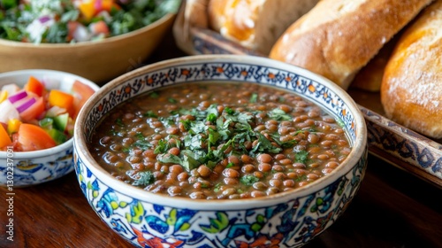 Lentil soup served in a colorful bowl with fresh salad and bread
