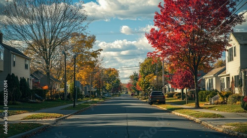 Fototapeta Naklejka Na Ścianę i Meble -  A small suburban community in Saddle Brook, New Jersey, with cozy homes and tree-lined streets.