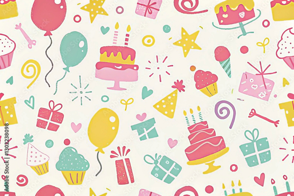 Seamless pattern with cute birthday elements cakes, balloons, gifts, cupcakes, and party hats on a light background. Seamless pattern with cute birthday elements cakes, balloons, gifts, cupcakes, and party hats on a light background.