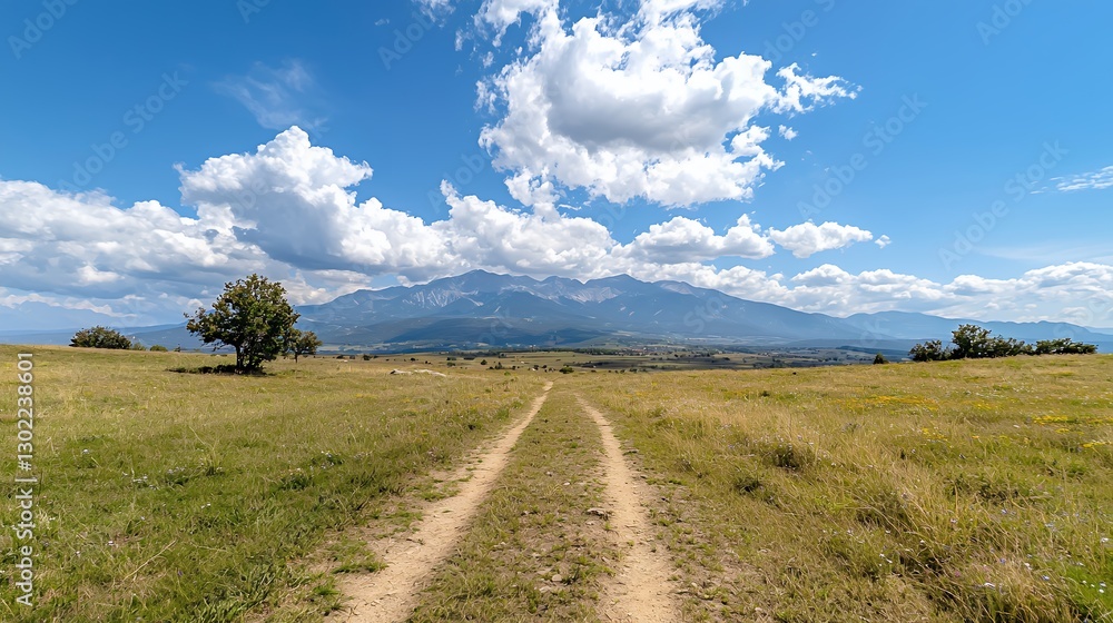 Dirt Path through Grassy Meadow with Mountains and Clouds in Bright Sunlight Dirt Path through Grassy Meadow with Mountains and Clouds in Bright Sunlight