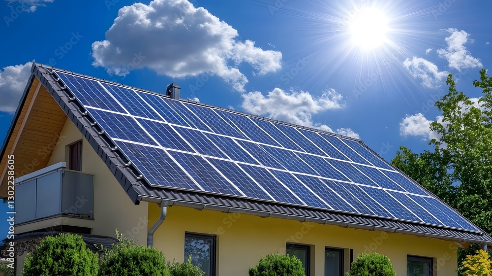 Fototapeta premium Modern House with Sleek Solar Panels Harnessing Renewable Energy Under Bright Blue Sky