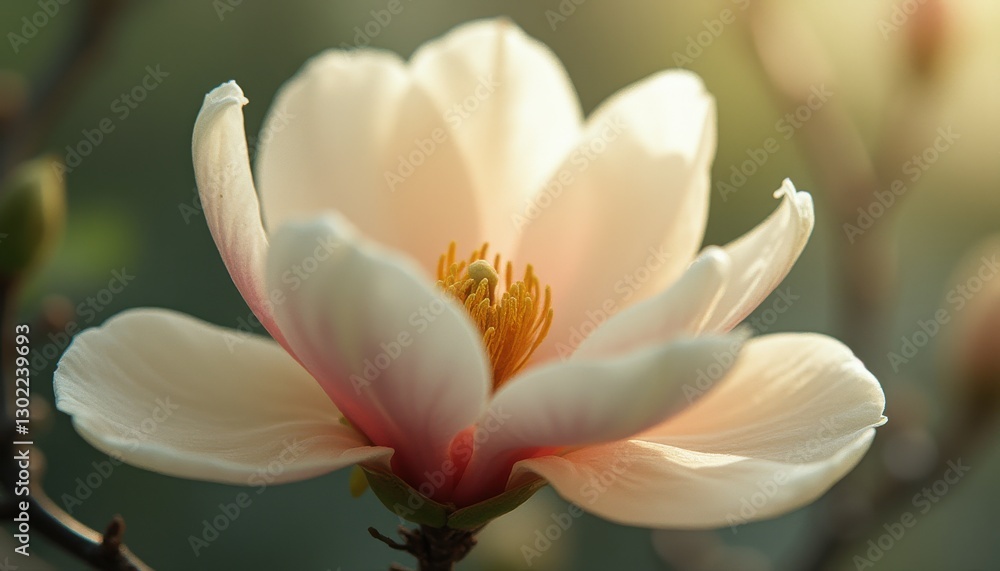 Cinematic capture of a delicate Magnolia blossom illuminated by soft sunlight in a serene garden setting Cinematic capture of a delicate Magnolia blossom illuminated by soft sunlight in a serene garden setting
