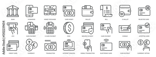 Set of collection line icons related payment, finance, money, currency. Editable stroke. Perfect pixel on transparent background