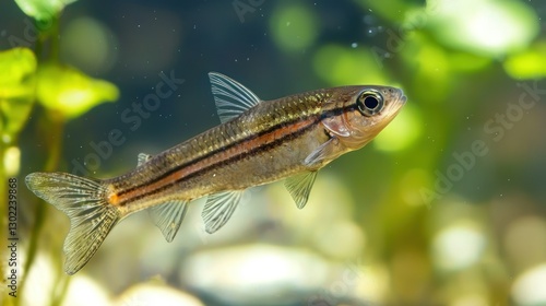 A brook stickleback swimming in a shallow, clear brook with visible aquatic plants.