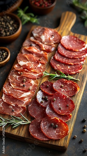 Charcuterie board, sliced meats, rustic kitchen