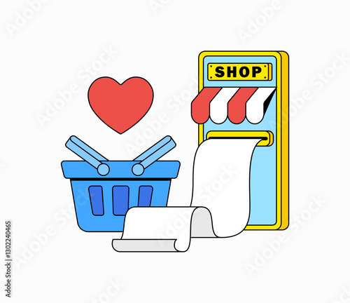 Smart phone shopping checkout station cartoon vector hand drawn